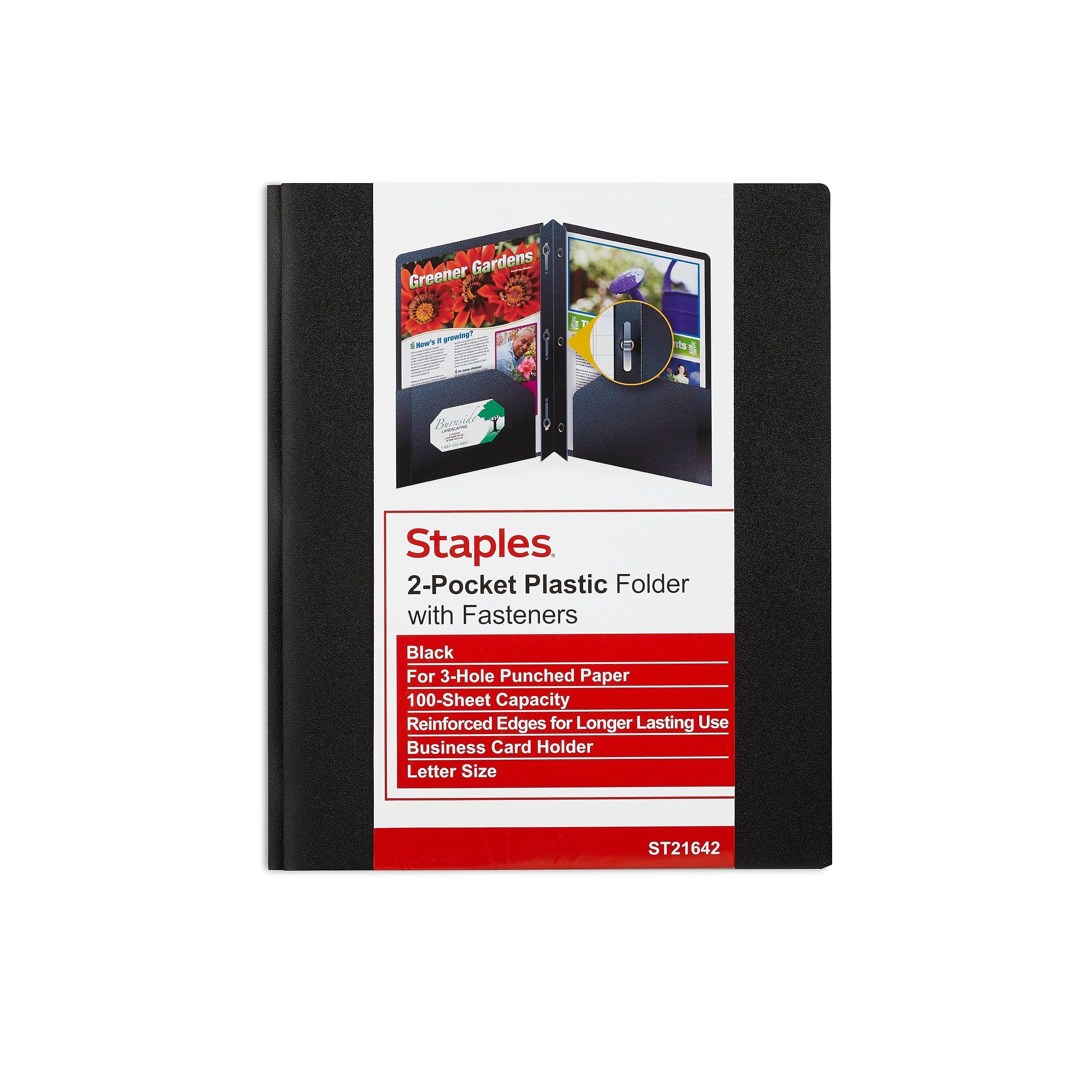 Staples 2-Pocket Matte Plastic Presentation Folder with Fasteners, Black