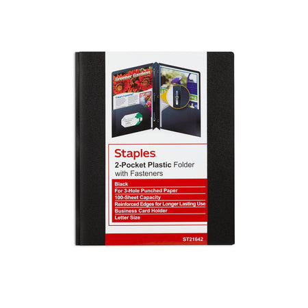 Staples 2-Pocket Matte Plastic Presentation Folder with Fasteners, Black