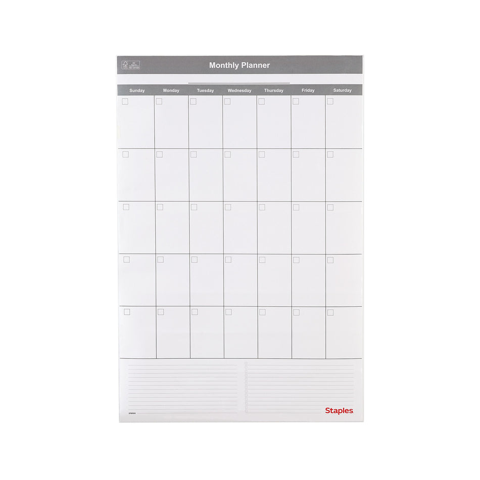 Staples 24" x 36" Monthly Dry-Erase Wall Calendar, Reversible, White/Gray