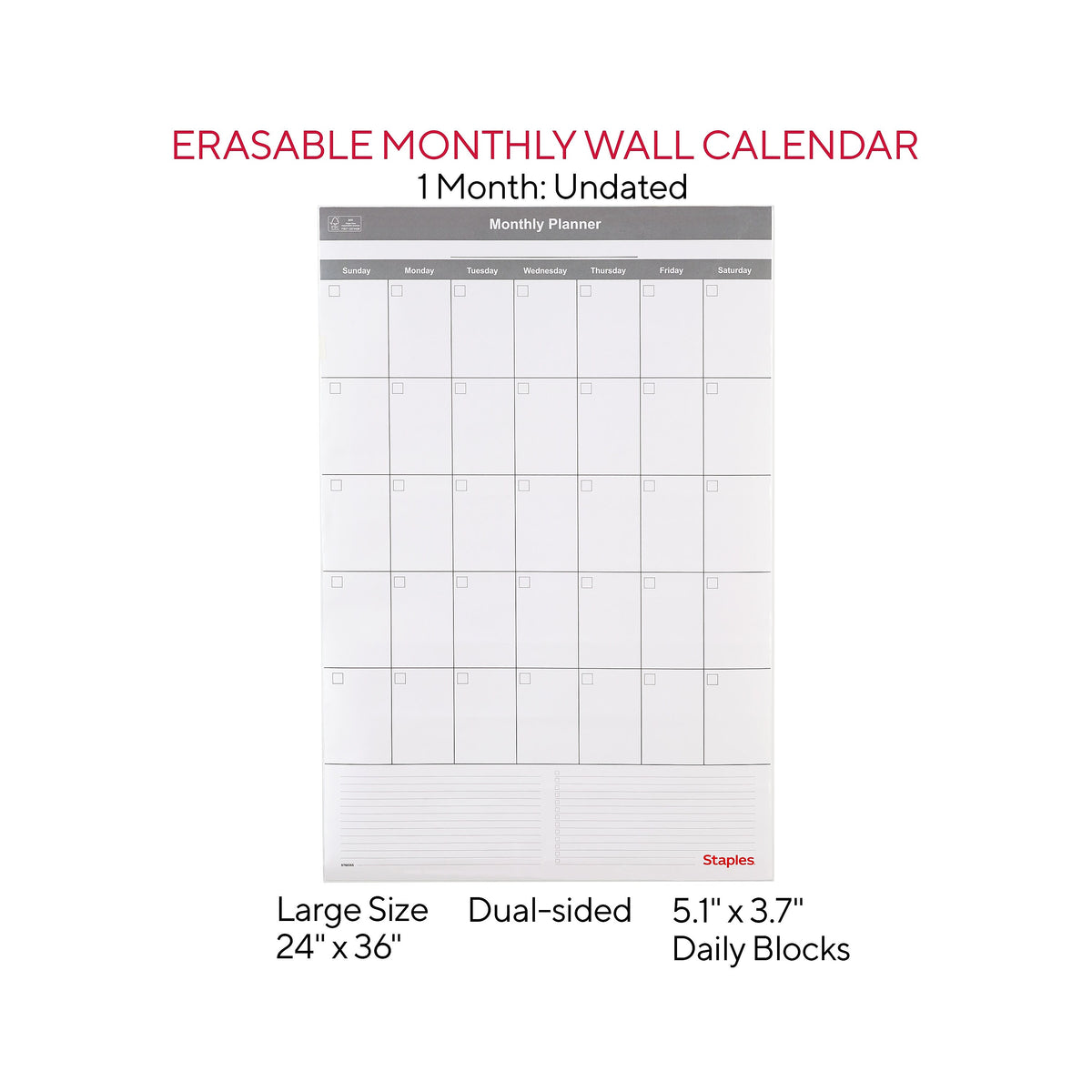 Staples 24" x 36" Monthly Dry-Erase Wall Calendar, Reversible, White/Gray