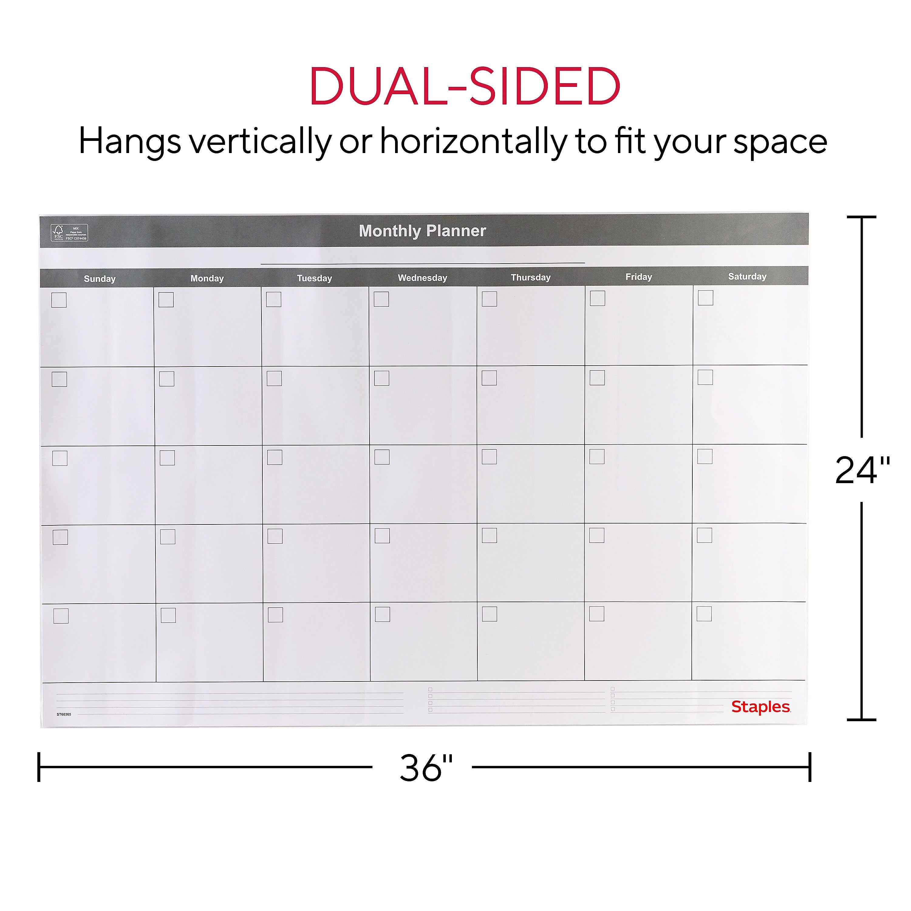 Staples 24" x 36" Monthly Dry-Erase Wall Calendar, Reversible, White/Gray