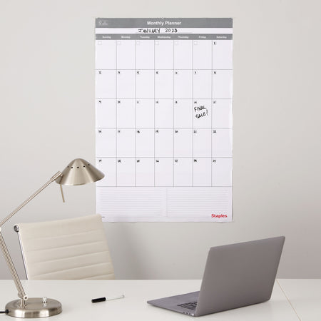 Staples 24" x 36" Monthly Dry-Erase Wall Calendar, Reversible, White/Gray