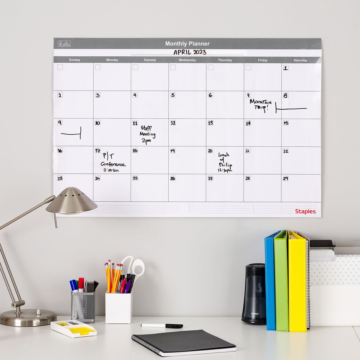 Staples 24" x 36" Monthly Dry-Erase Wall Calendar, Reversible, White/Gray