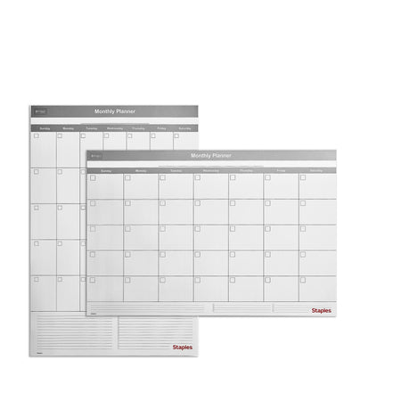 Staples 24" x 36" Monthly Dry-Erase Wall Calendar, Undated, Reversible, White/Gray