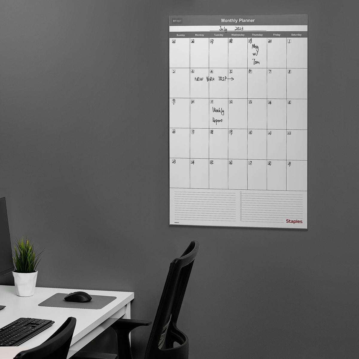 Staples 24" x 36" Monthly Dry-Erase Wall Calendar, Undated, Reversible, White/Gray