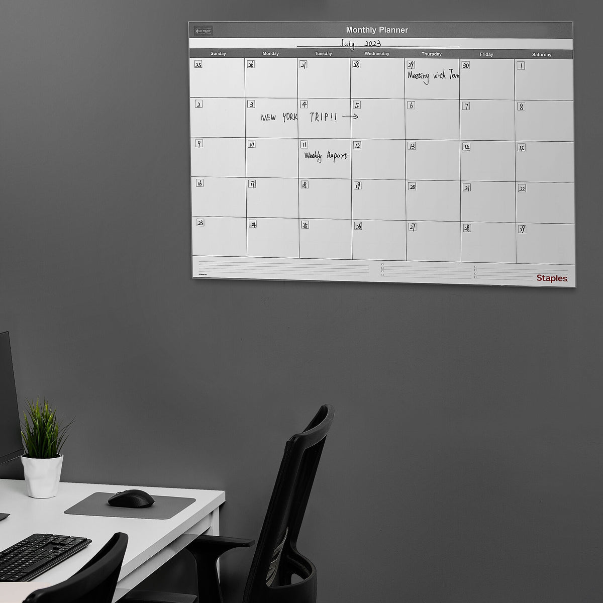 Staples 24" x 36" Monthly Dry-Erase Wall Calendar, Undated, Reversible, White/Gray