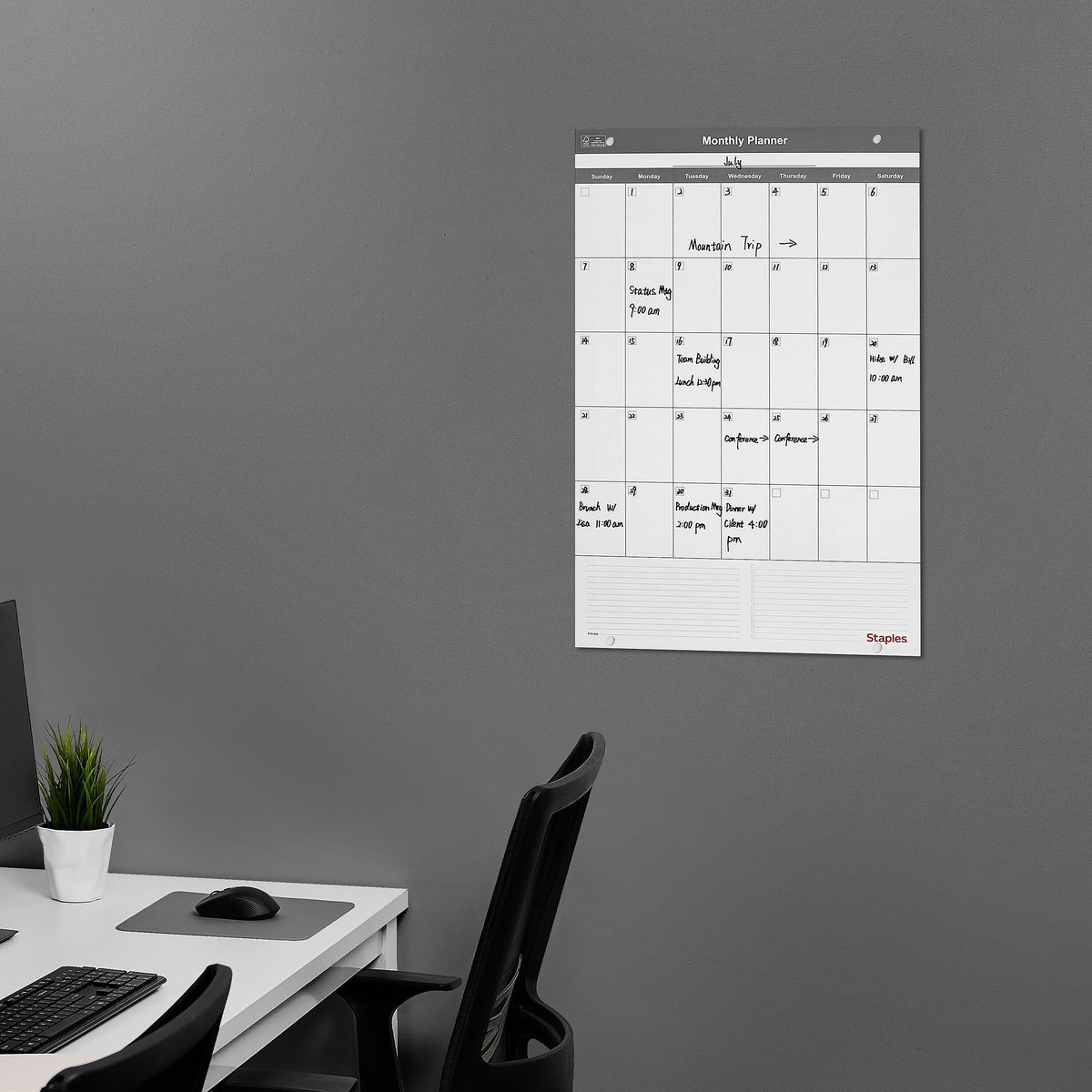 Staples 24" x 36" Monthly Dry-Erase Wall Calendar, Undated, Reversible, White/Gray