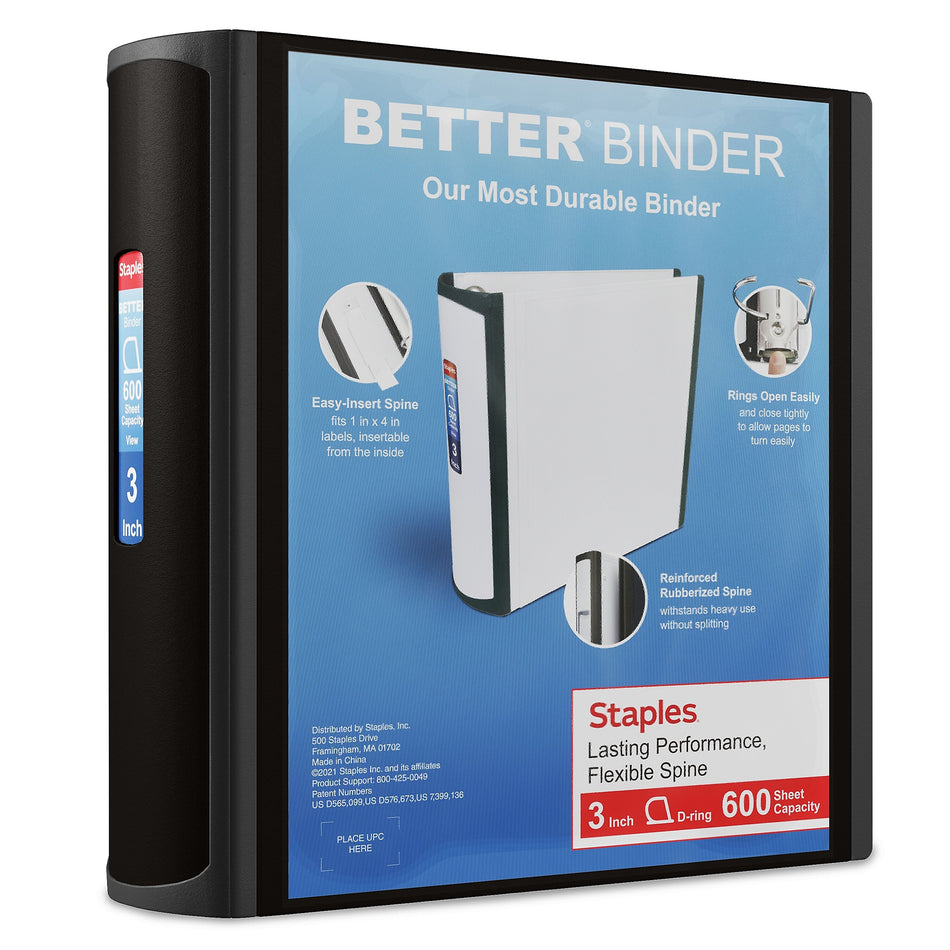 Staples 3" 3-Ring Better Binder, D-Ring, Black