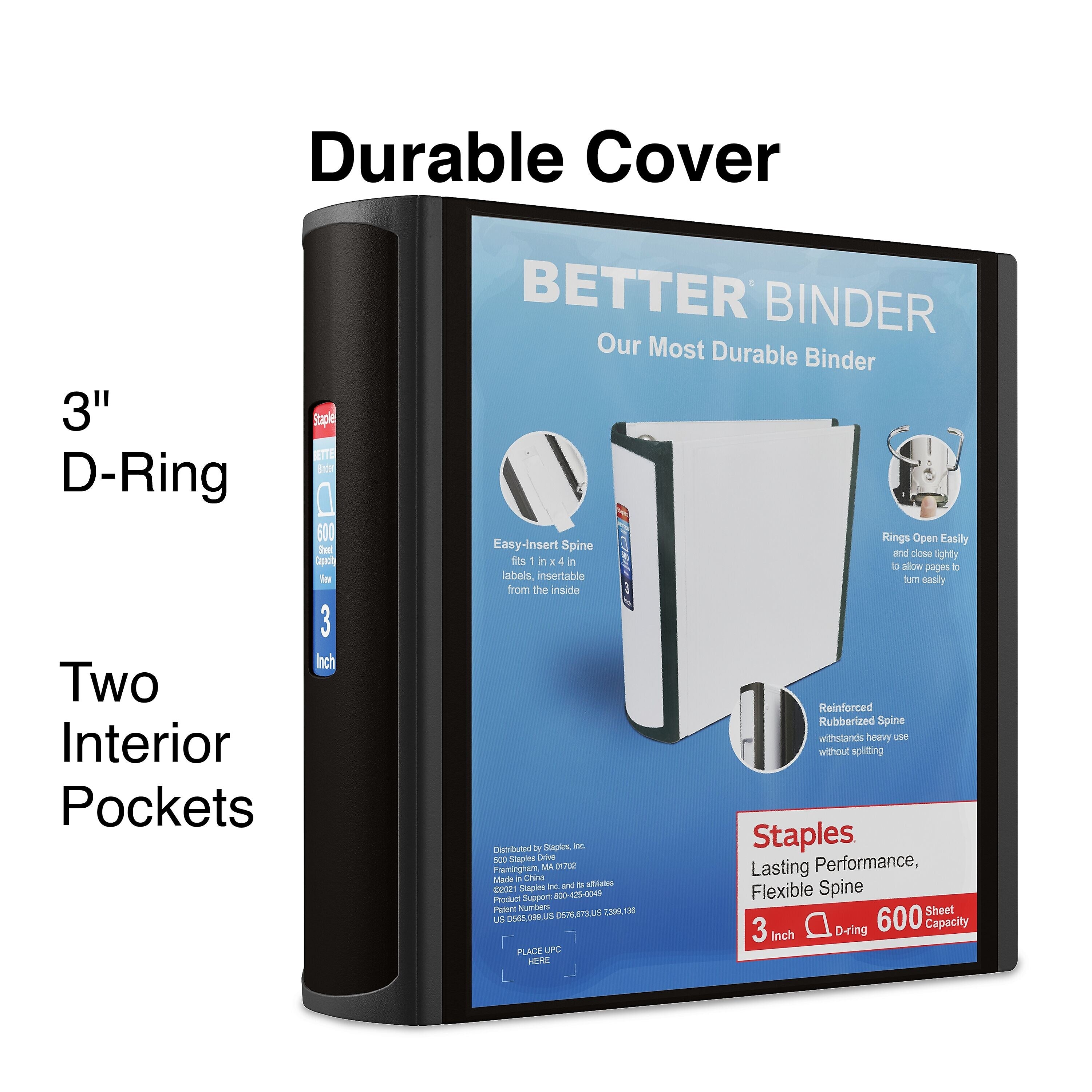 Staples 3" 3-Ring Better Binder, D-Ring, Black