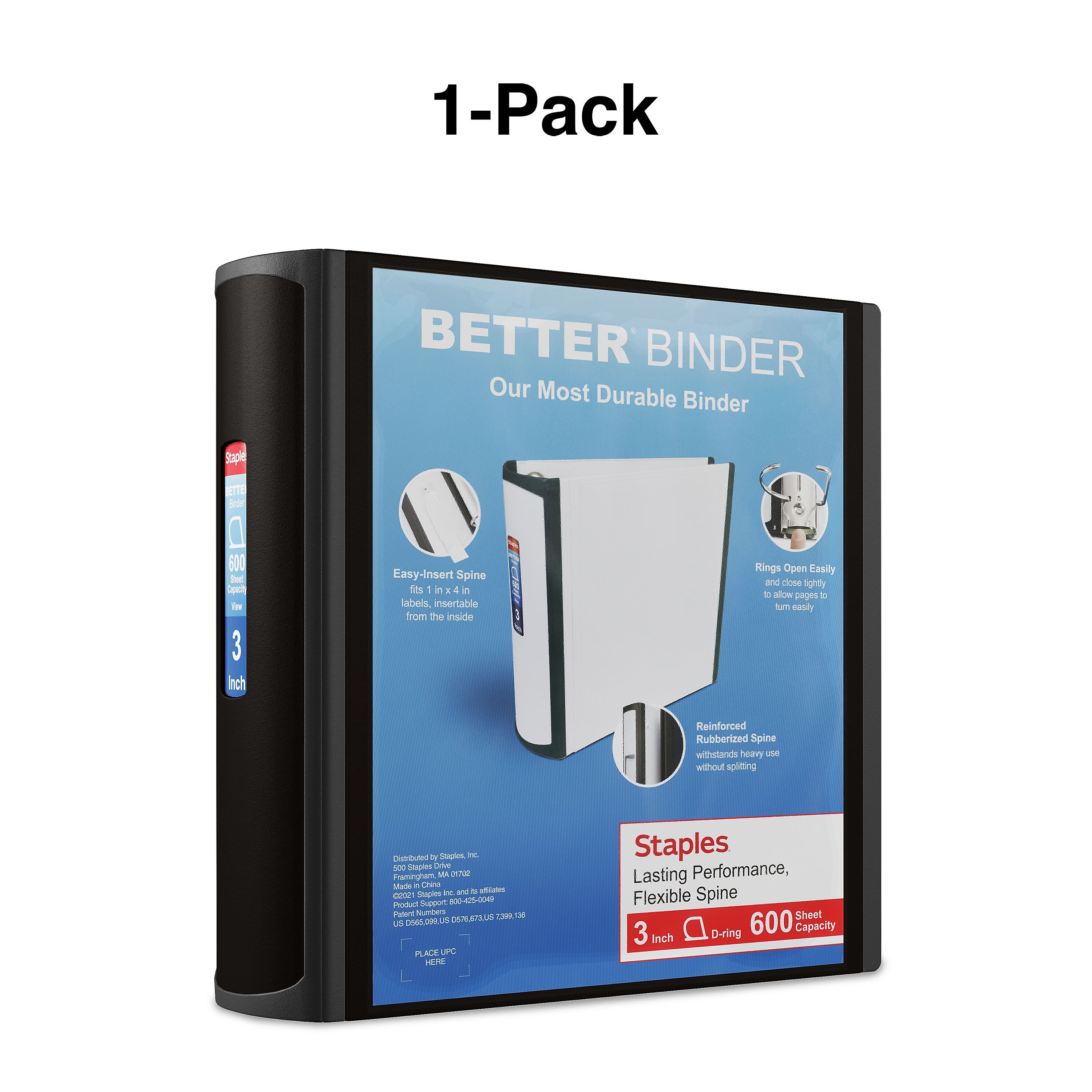 Staples 3" 3-Ring Better Binder, D-Ring, Black