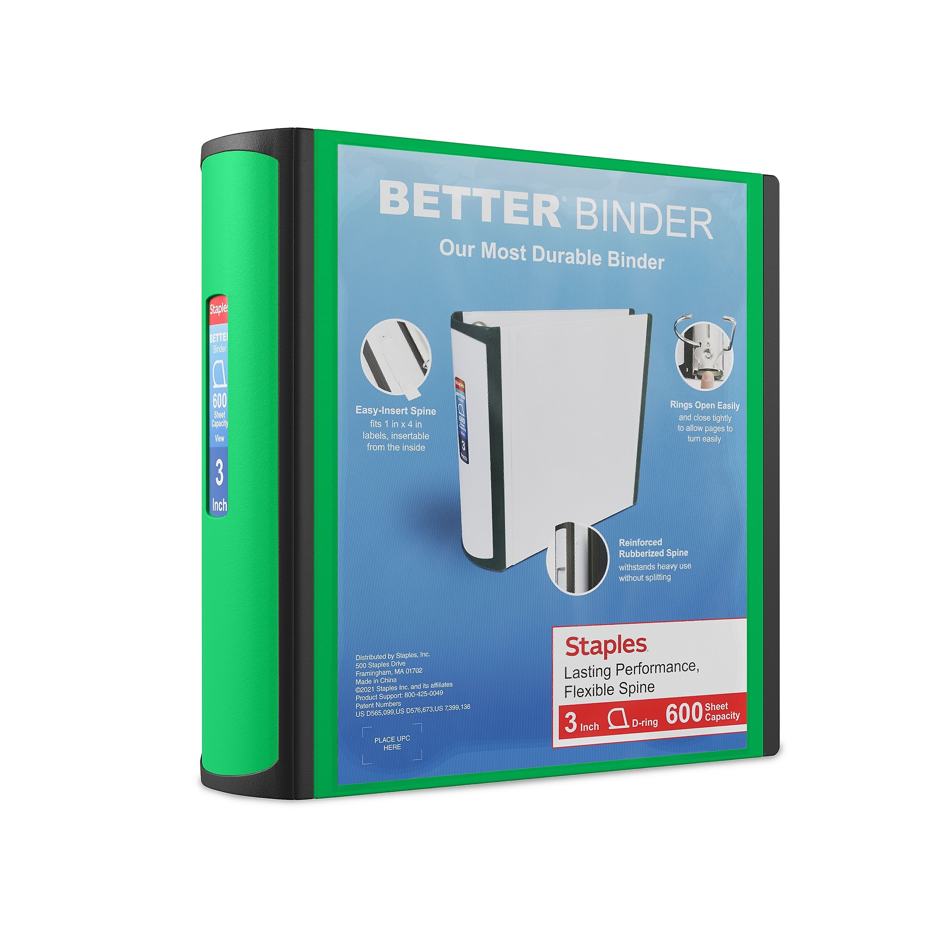 Staples 3" 3-Ring Better Binder, D-Ring, Green