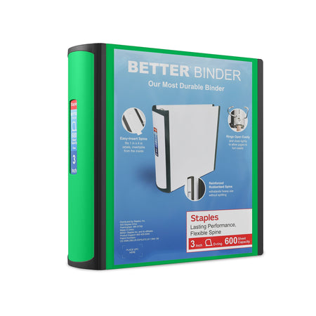 Staples 3" 3-Ring Better Binder, D-Ring, Green