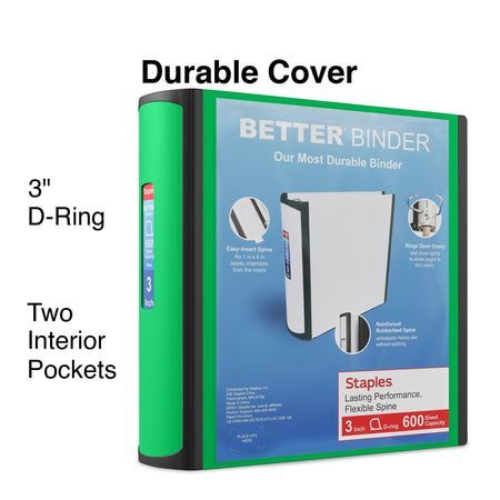 Staples 3" 3-Ring Better Binder, D-Ring, Green