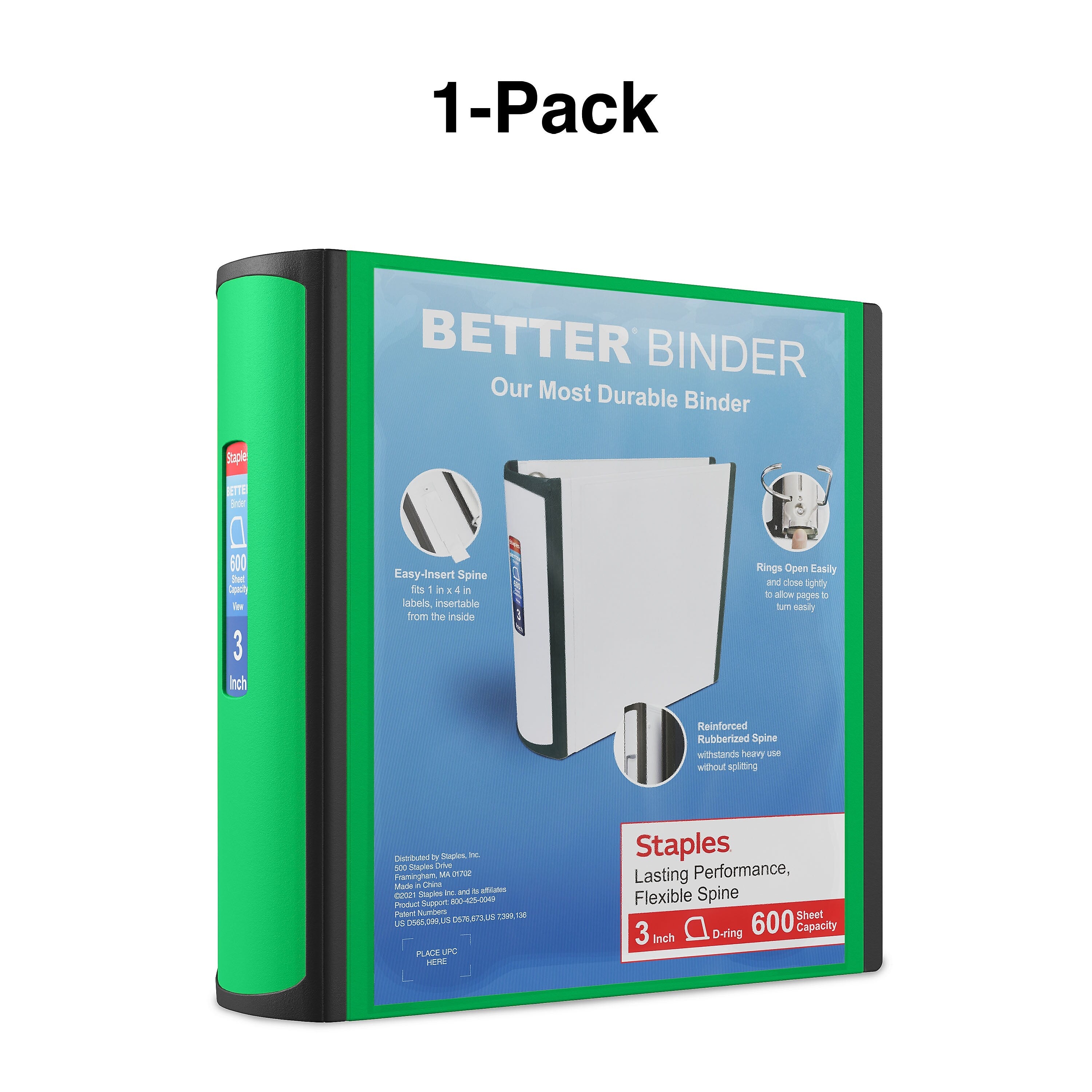 Staples 3" 3-Ring Better Binder, D-Ring, Green