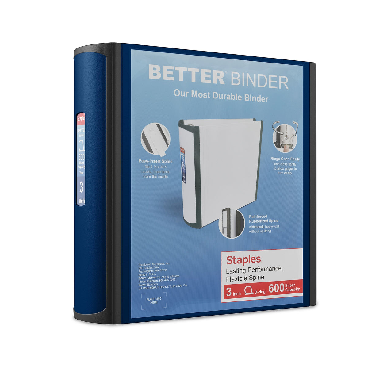 Staples 3" 3-Ring Better Binder, D-Ring, Navy Blue