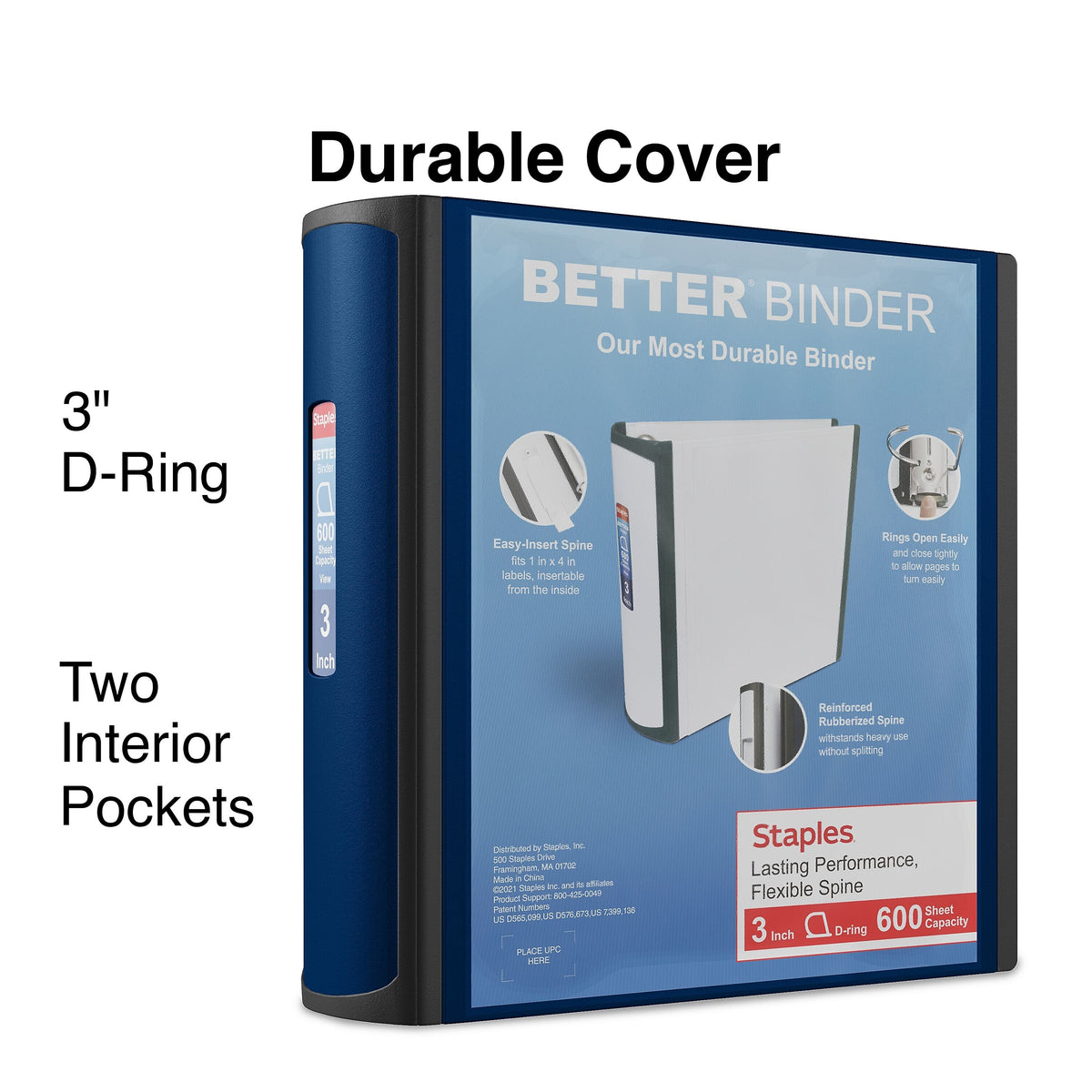 Staples 3" 3-Ring Better Binder, D-Ring, Navy Blue