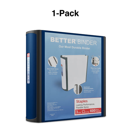 Staples 3" 3-Ring Better Binder, D-Ring, Navy Blue