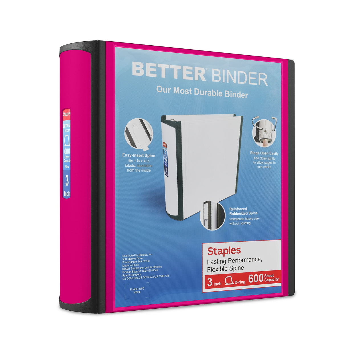 Staples 3" 3-Ring Better Binder, D-Ring, Pink