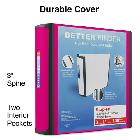 Staples 3" 3-Ring Better Binder, D-Ring, Pink