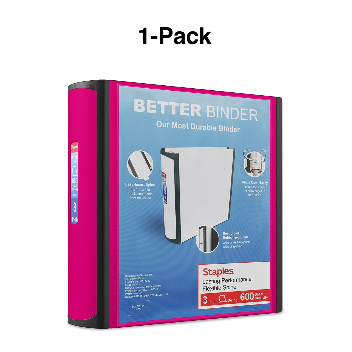 Staples 3" 3-Ring Better Binder, D-Ring, Pink