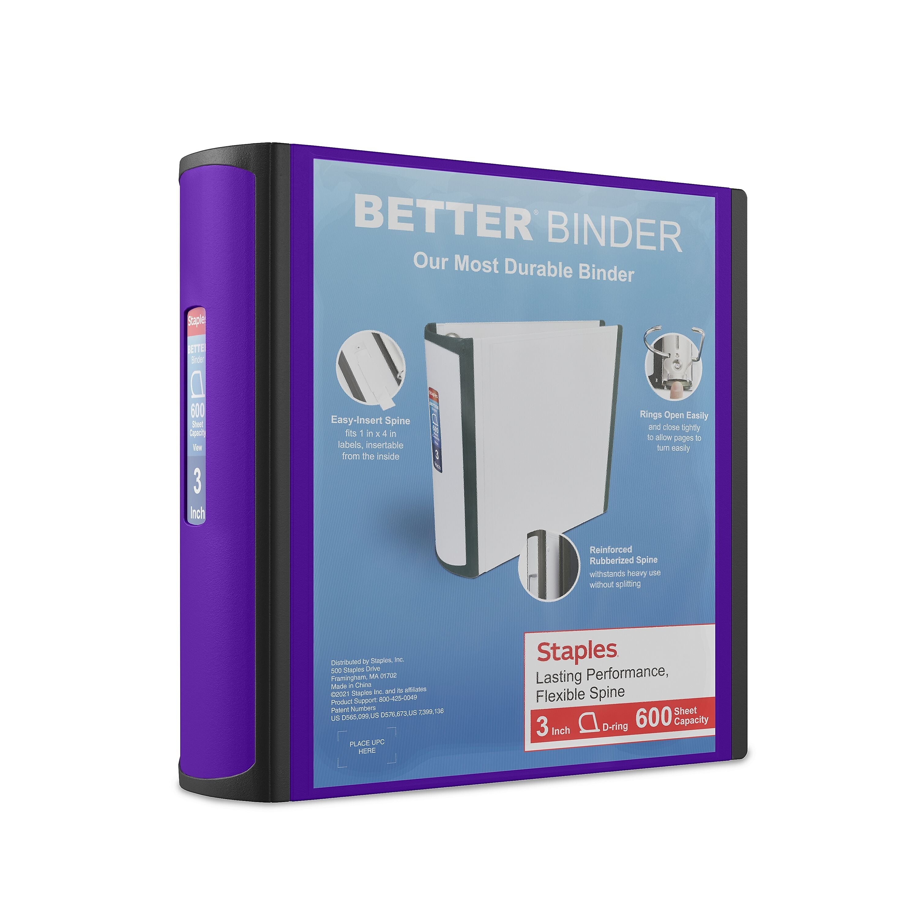 Staples 3" 3-Ring Better Binder, D-Ring, Purple