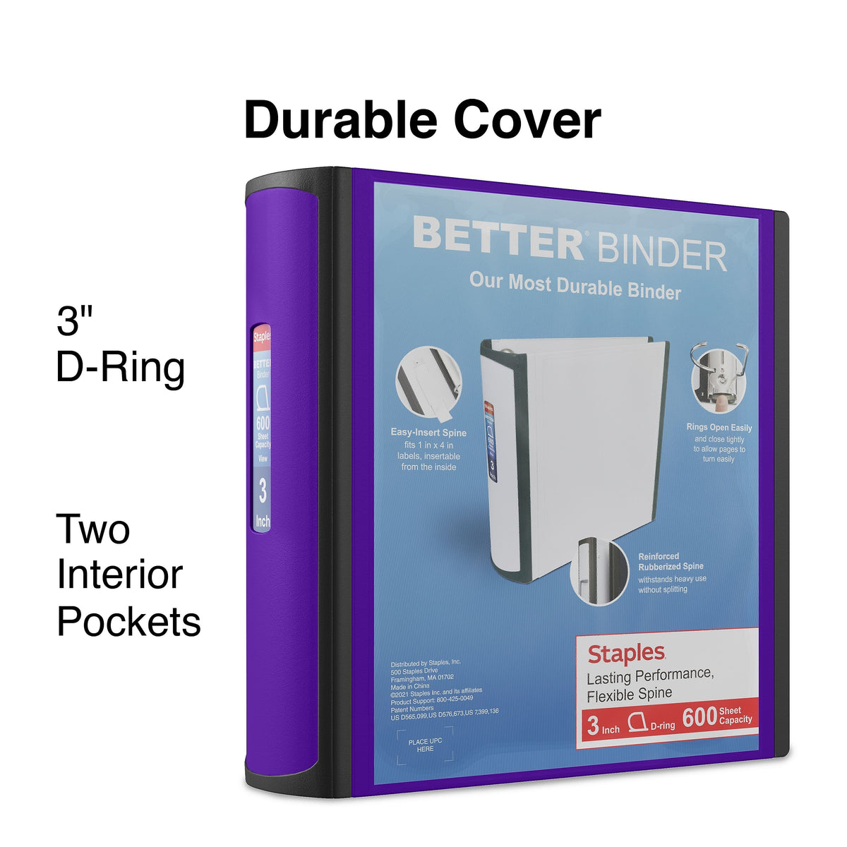 Staples 3" 3-Ring Better Binder, D-Ring, Purple