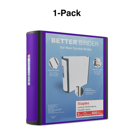 Staples 3" 3-Ring Better Binder, D-Ring, Purple