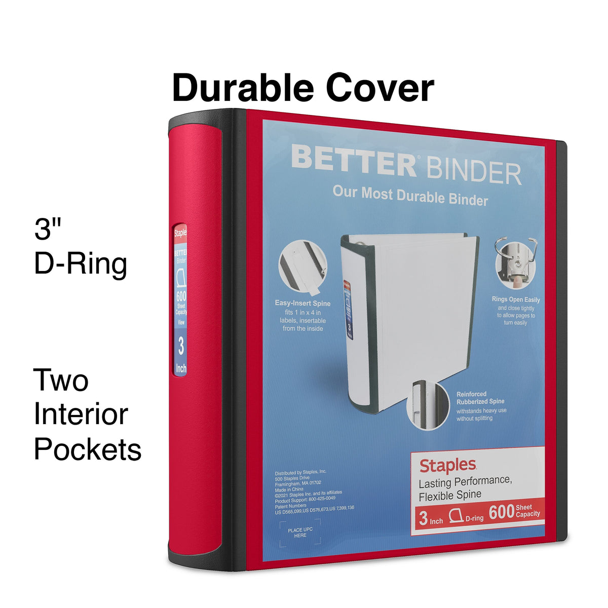 Staples 3" 3-Ring Better Binder, D-Ring, Red