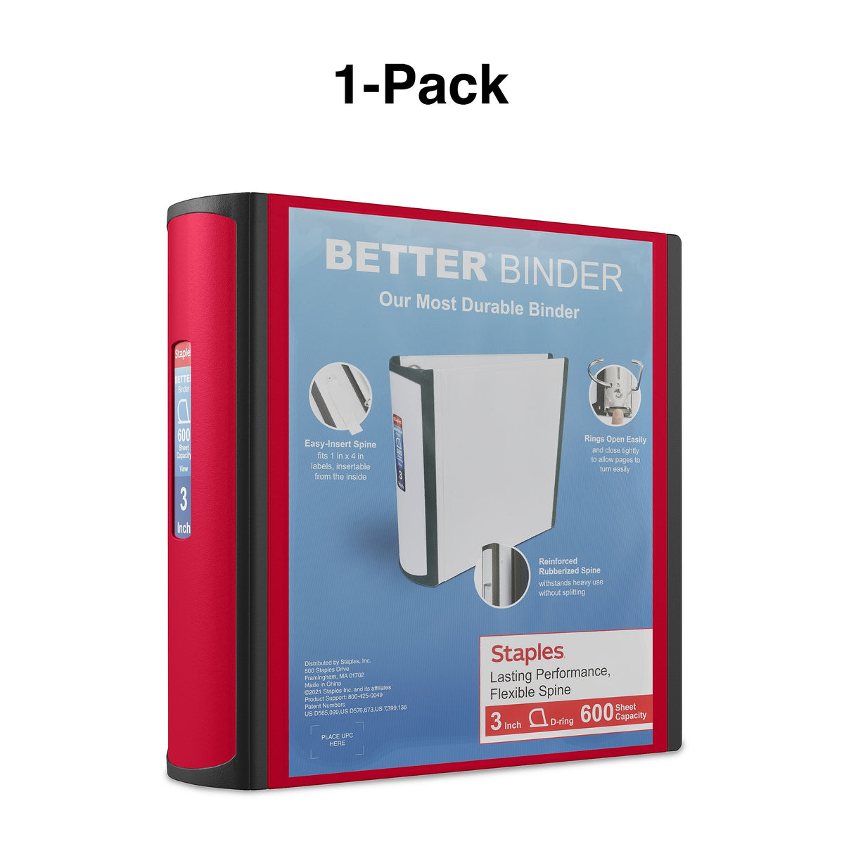 Staples 3" 3-Ring Better Binder, D-Ring, Red