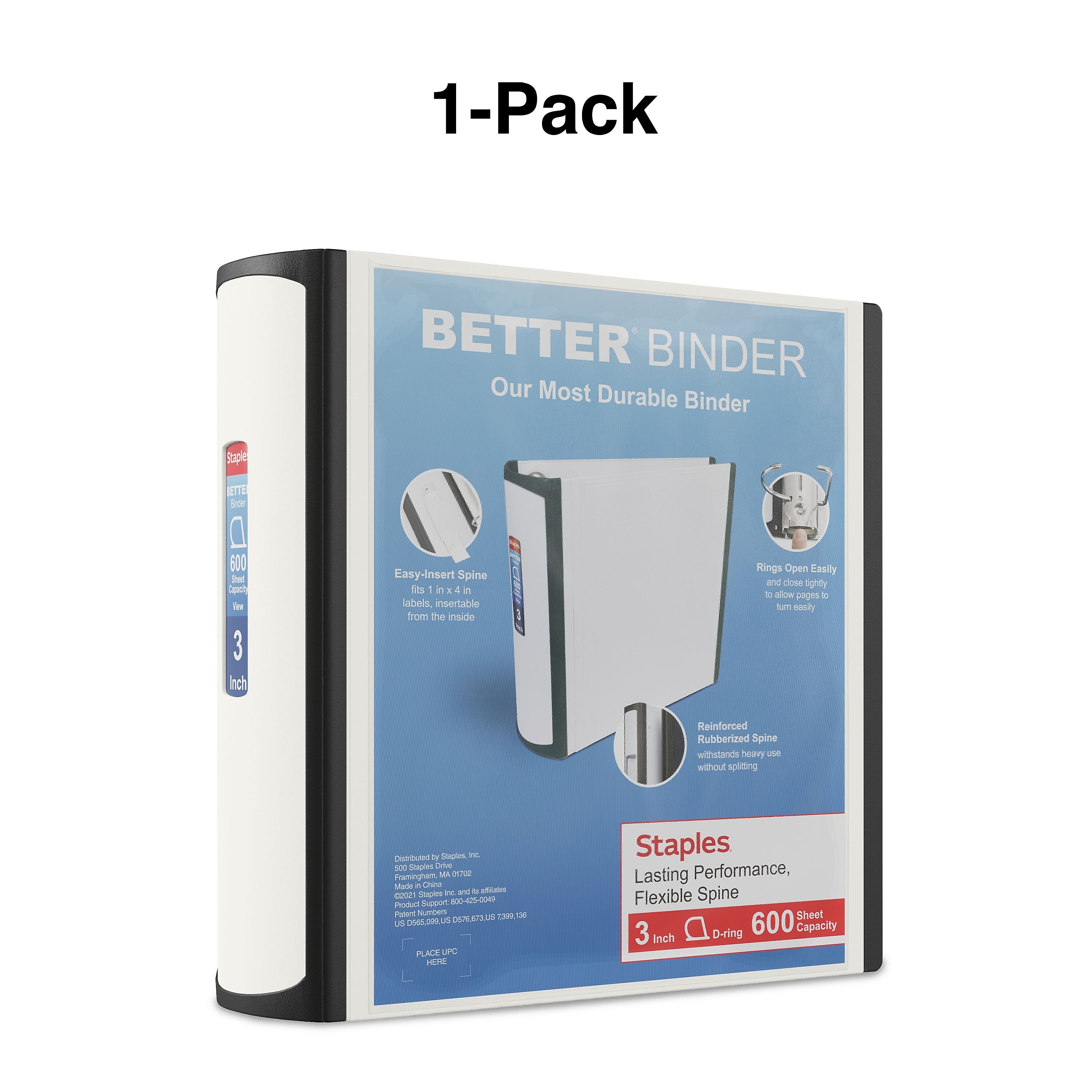 Staples 3" 3-Ring Better Binder, D-Ring, White