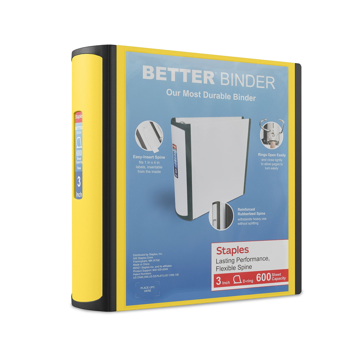 Staples 3" 3-Ring Better Binder, D-Ring, Yellow