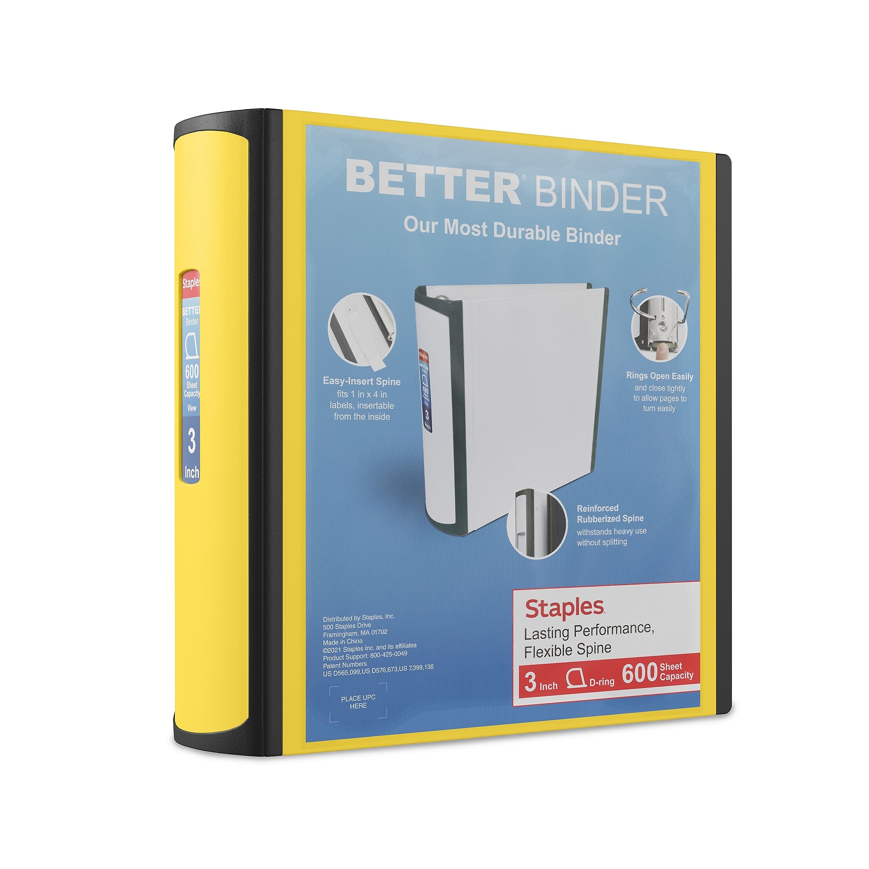 Staples 3" 3-Ring Better Binder, D-Ring, Yellow