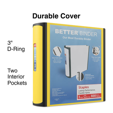 Staples 3" 3-Ring Better Binder, D-Ring, Yellow