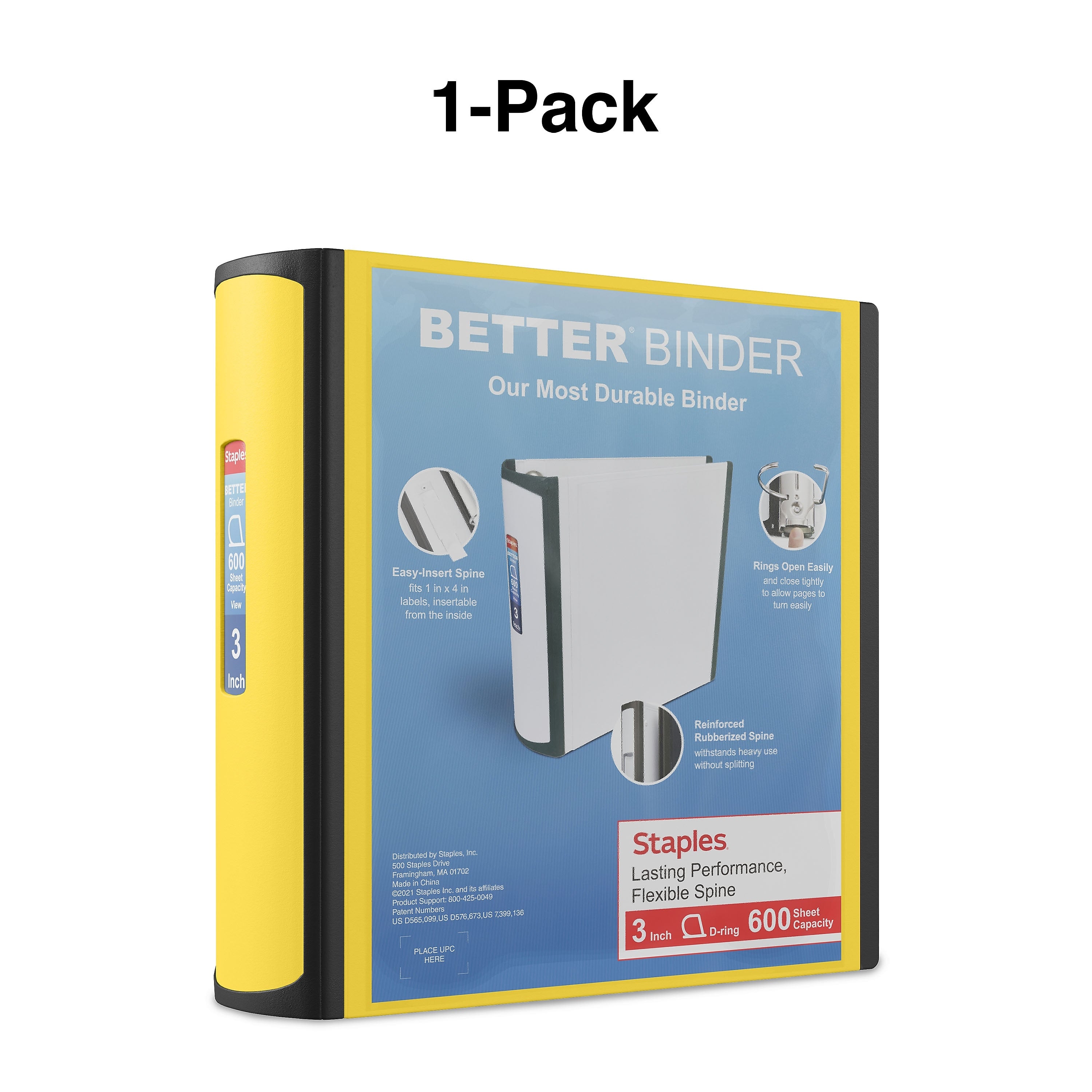 Staples 3" 3-Ring Better Binder, D-Ring, Yellow