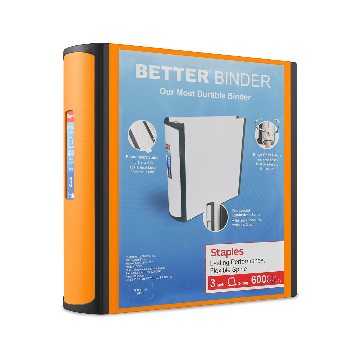 Staples 3" 3-Ring Better Binder, Slant Ring, Orange