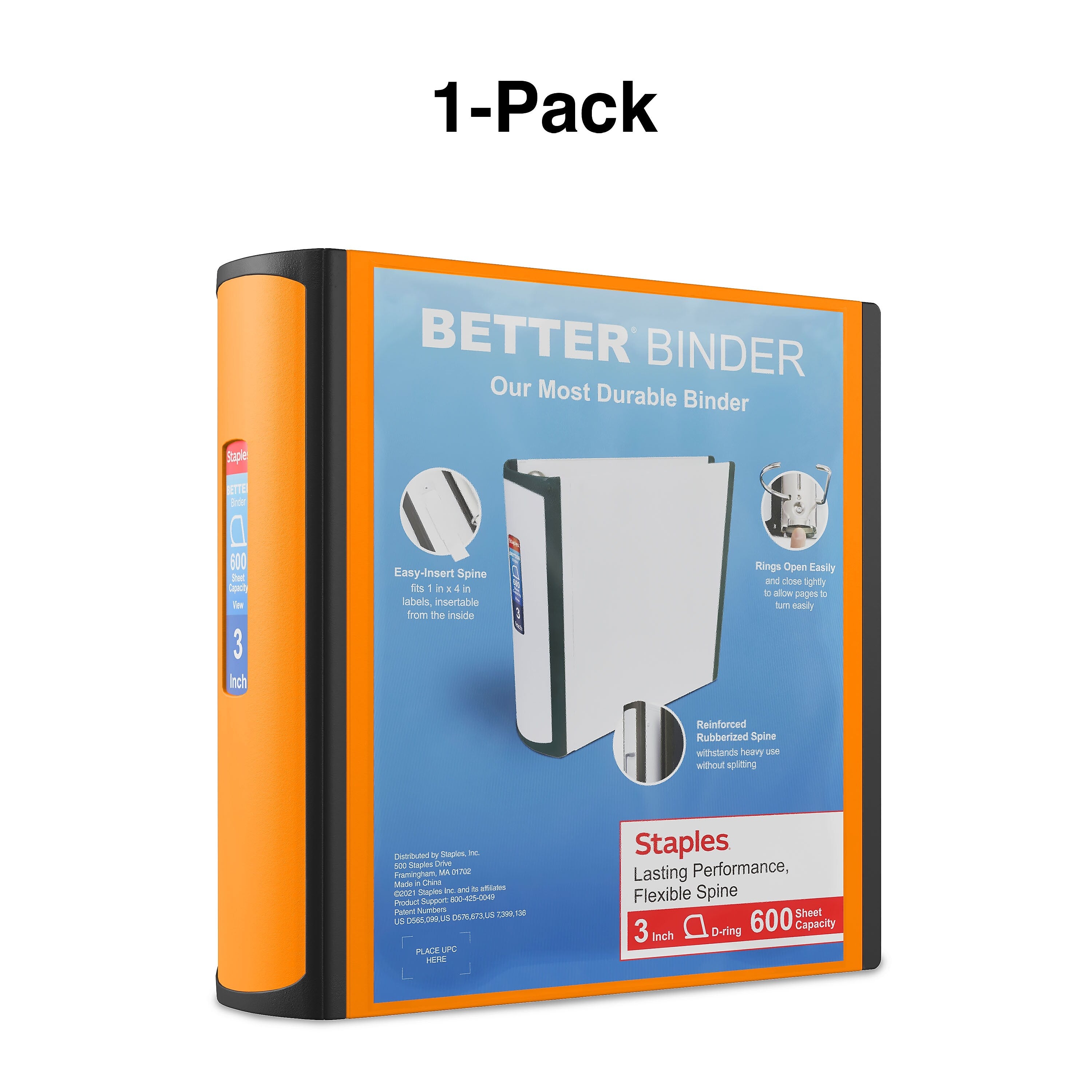 Staples 3" 3-Ring Better Binder, Slant Ring, Orange