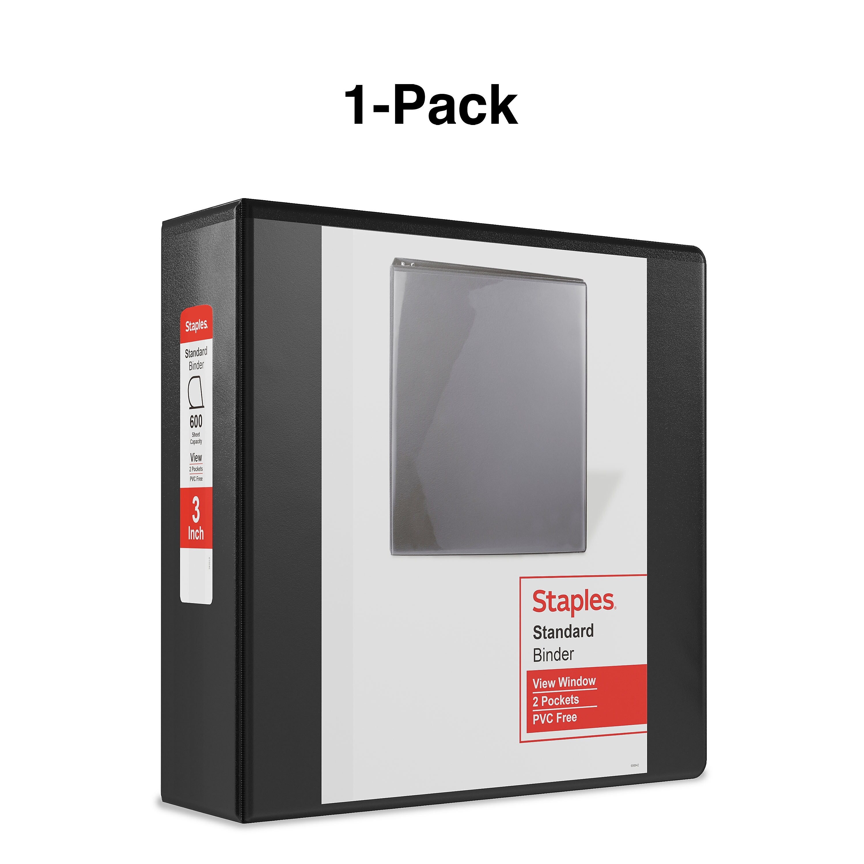 Staples 3" 3-Ring View Binder, D-Ring, Black