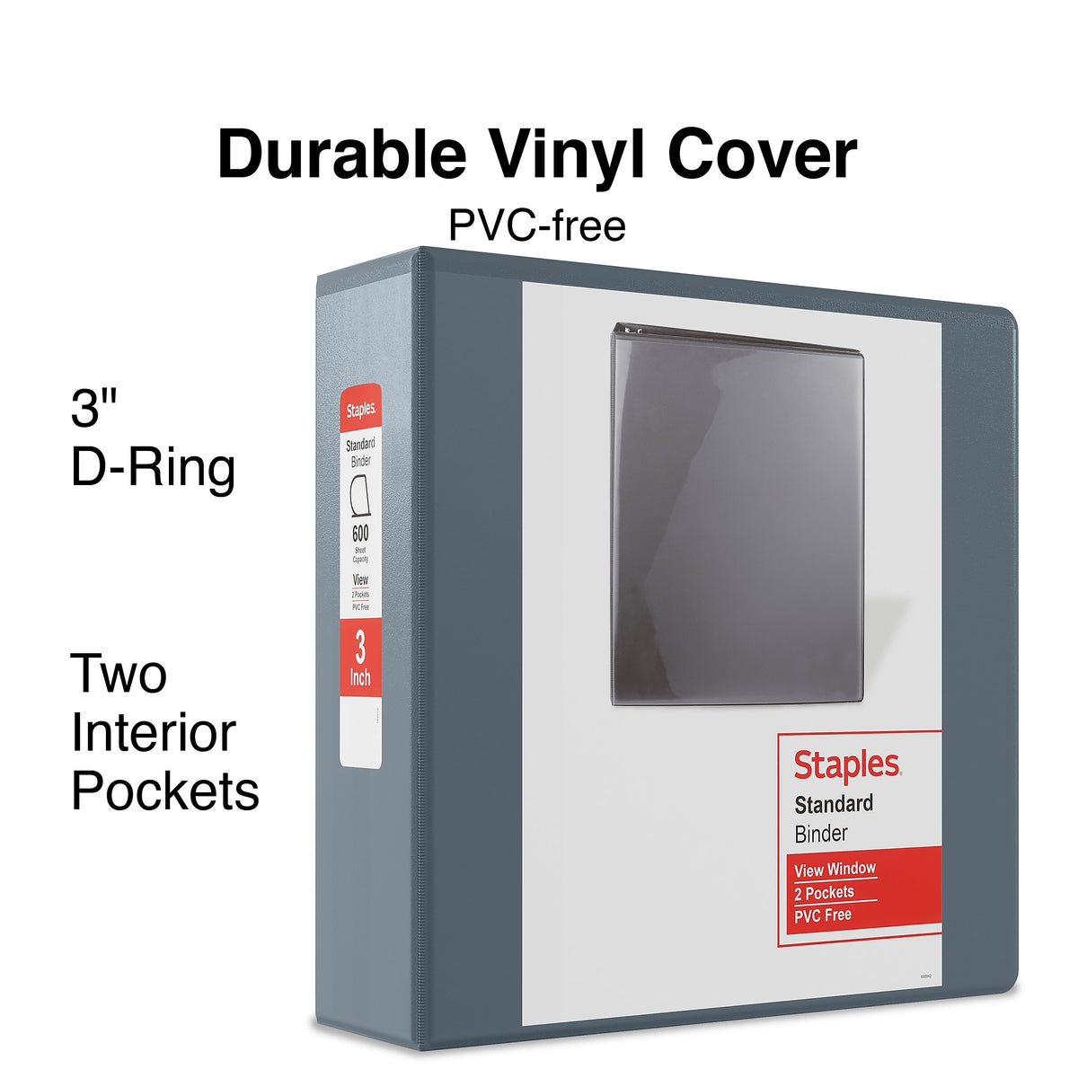 Staples 3" 3-Ring View Binder, D-Ring, Gray