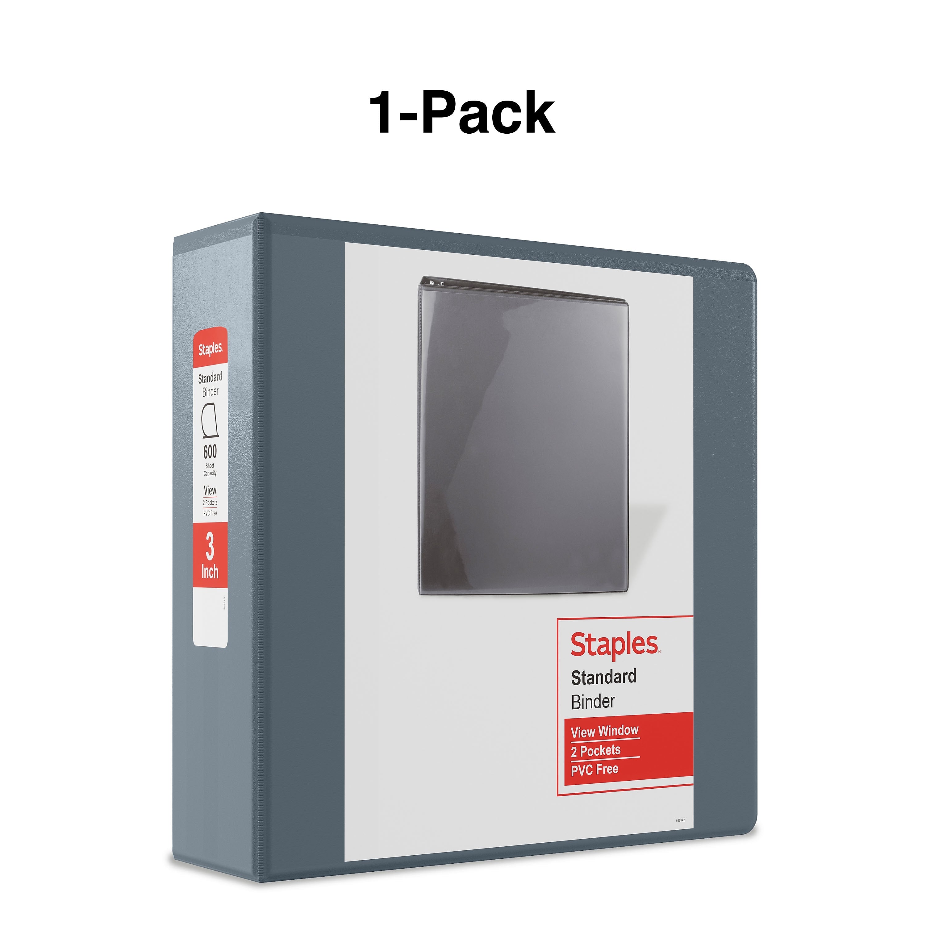 Staples 3" 3-Ring View Binder, D-Ring, Gray