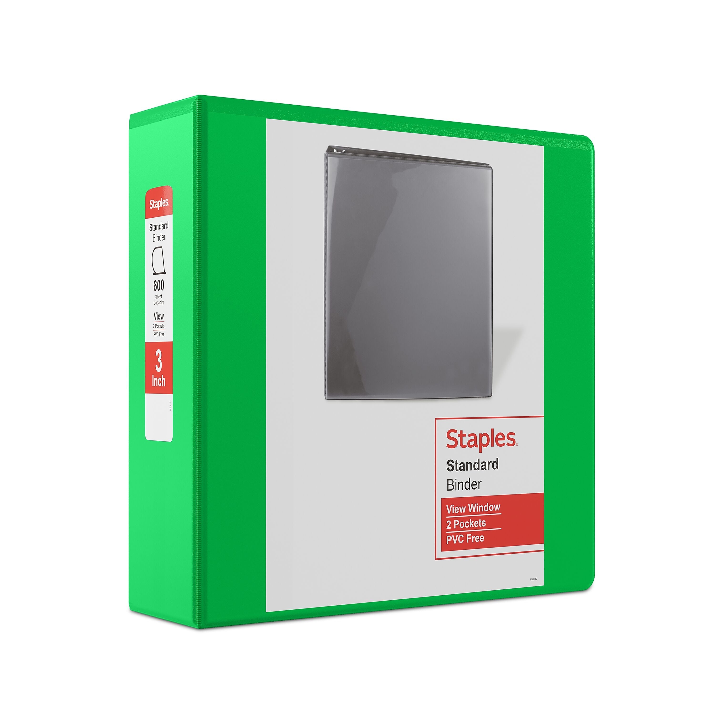 Staples 3" 3-Ring View Binder, D-Ring, Green