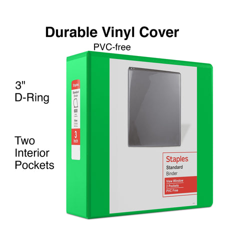 Staples 3" 3-Ring View Binder, D-Ring, Green