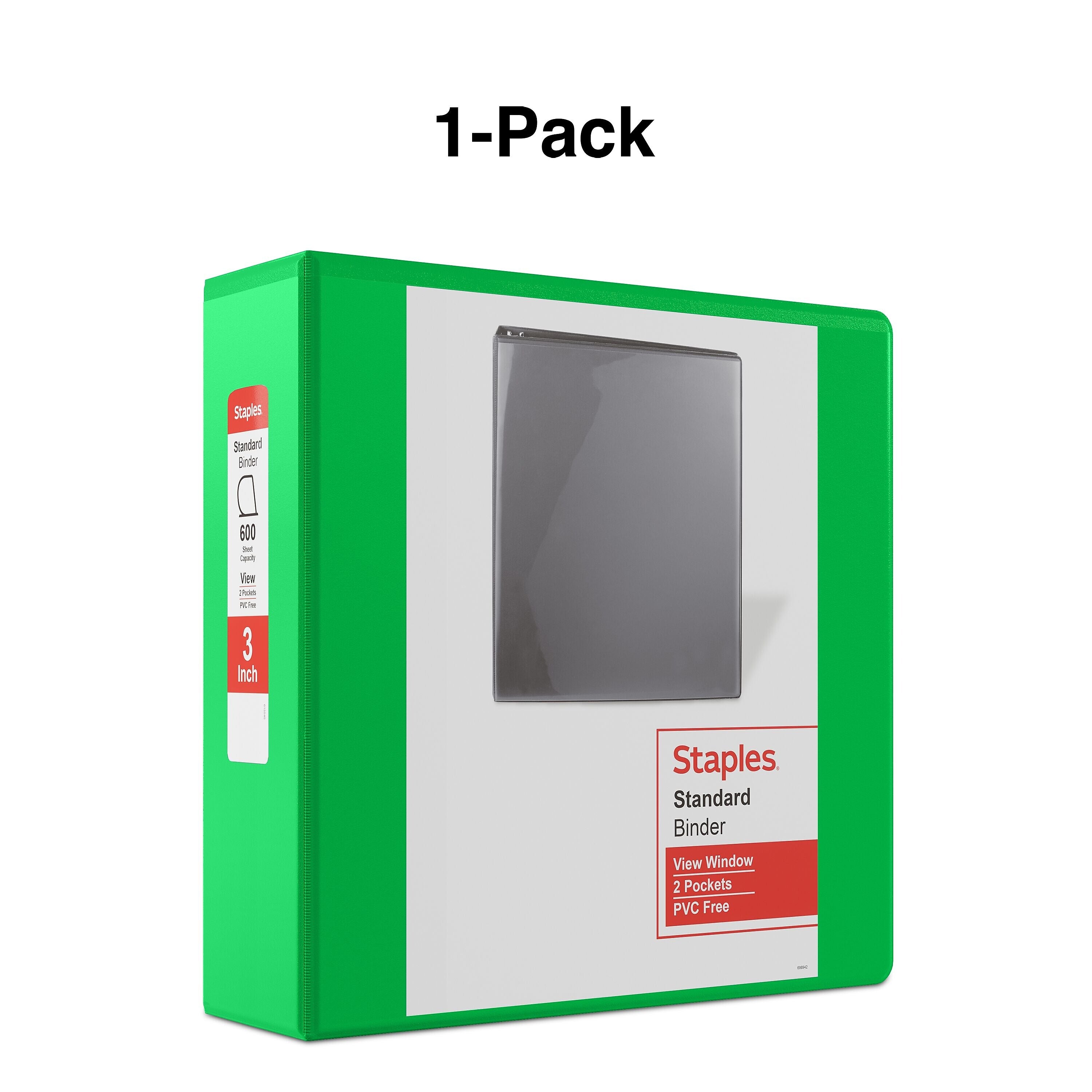 Staples 3" 3-Ring View Binder, D-Ring, Green