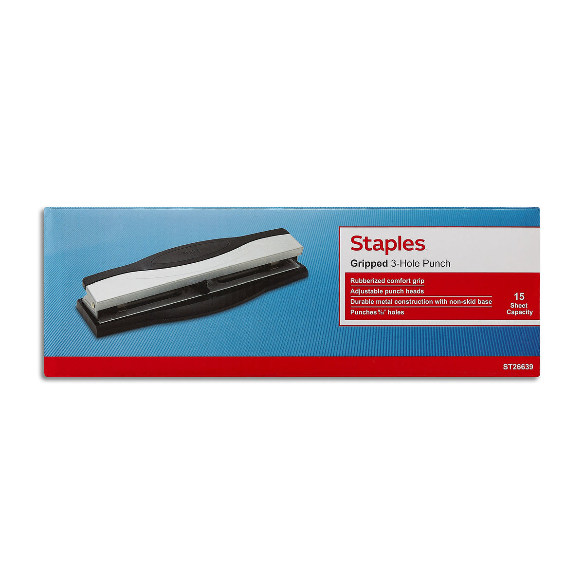 Staples 3-Hole Punch, 15 Sheet Capacity, Black/Silver