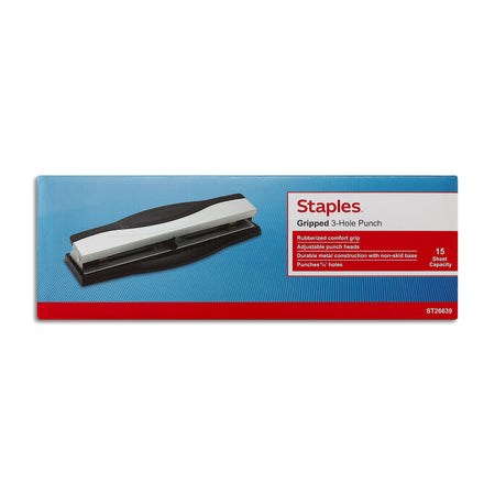 Staples 3-Hole Punch, 15 Sheet Capacity, Black/Silver