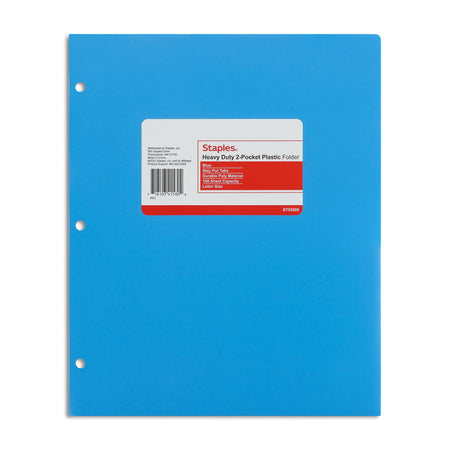 Staples 3-Hole Punched 2-Pocket Plastic Portfolio Folder, Blue