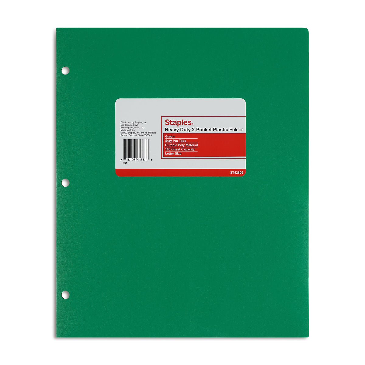 Staples 3-Hole Punched 2-Pocket Plastic Portfolio Folder, Green