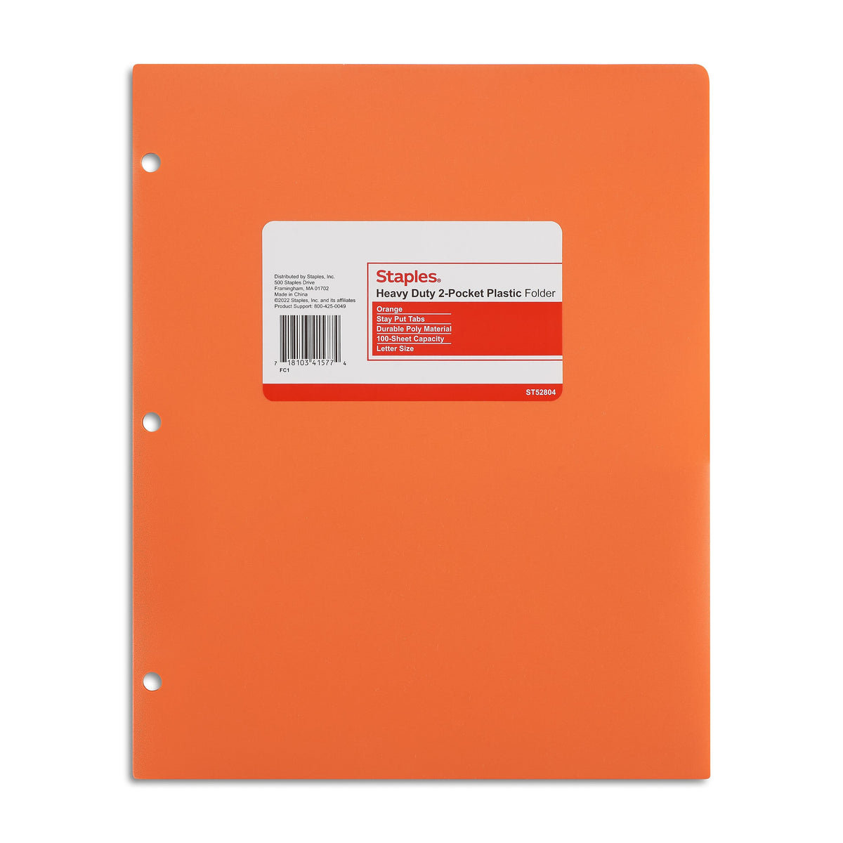 Staples 3-Hole Punched 2-Pocket Plastic Portfolio Folder, Orange