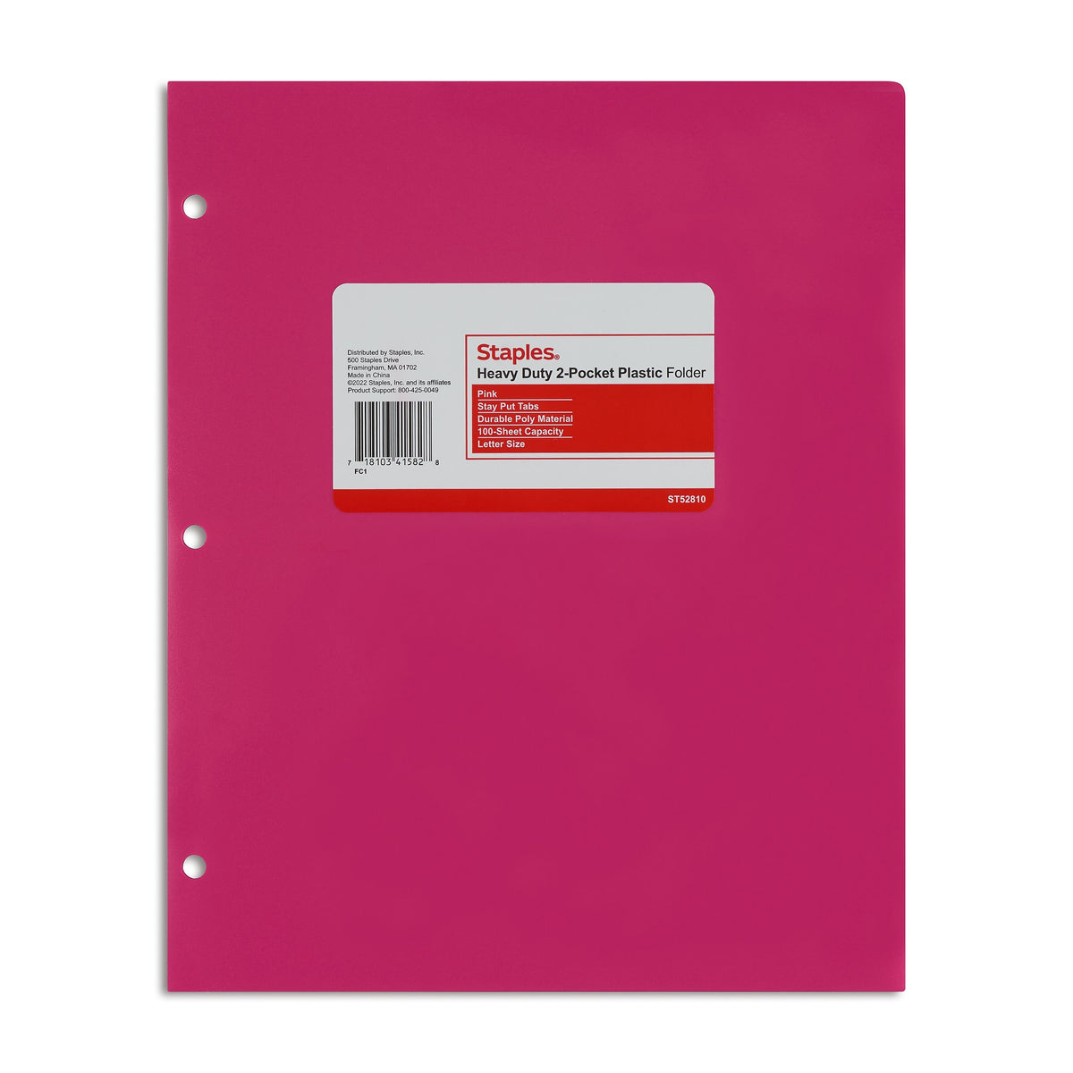 Staples 3-Hole Punched 2-Pocket Plastic Portfolio Folder, Pink