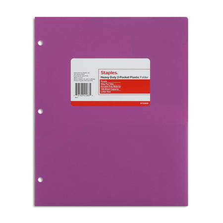 Staples 3-Hole Punched 2-Pocket Plastic Portfolio Folder, Purple