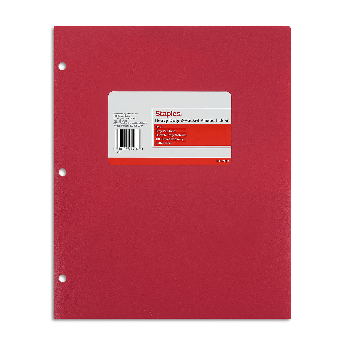 Staples 3-Hole Punched 2-Pocket Plastic Portfolio Folder, Red